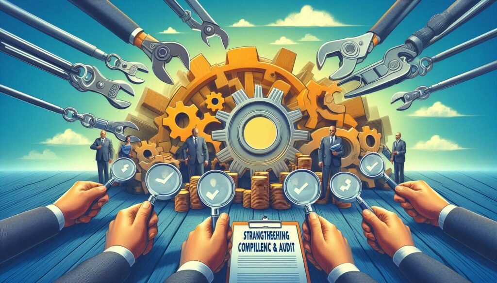 AI audit software analyzing financial compliance dashboard with real-time alerts and regulatory standards.
