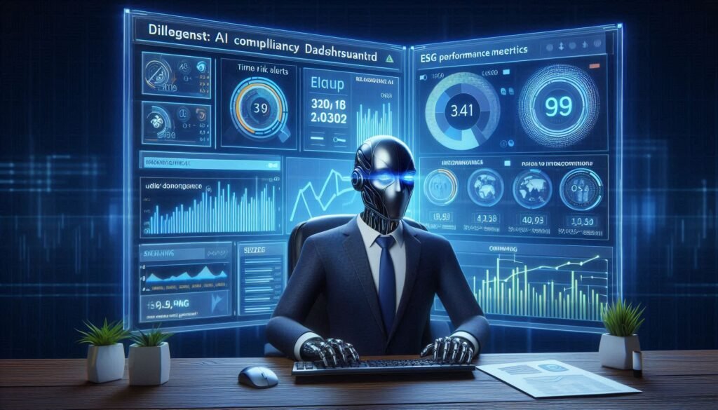 "Diligent AI compliance dashboard showing real-time risk alerts and ESG performance metrics"
