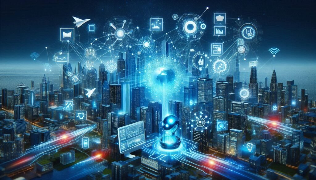 AI agents and human team collaborating securely with data shields and analytics dashboard.