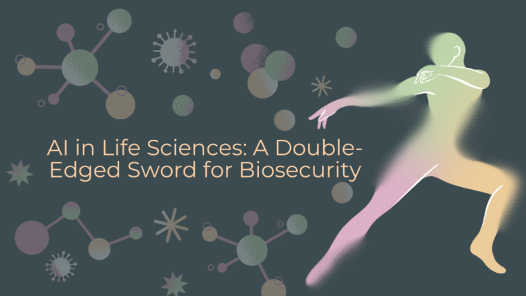 AI double helix biosecurity shield representing the dual-use nature of artificial intelligence in biology.