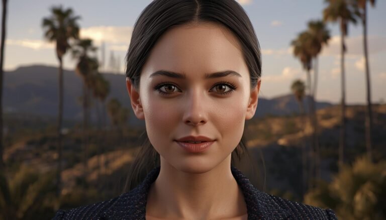 AI actress Tilly Norwood hyper-real portrait in Hollywood spotlight