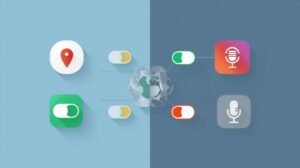 Illustration of Android app permissions for location, camera, and microphone being restricted.