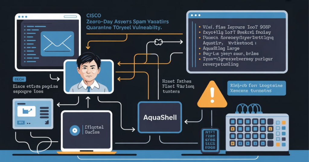 Cisco zero-day exploit diagram showing China hackers targeting AsyncOS Spam Quarantine vulnerability