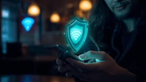 Android phone using VPN while connected to public Wi‑Fi in a café”