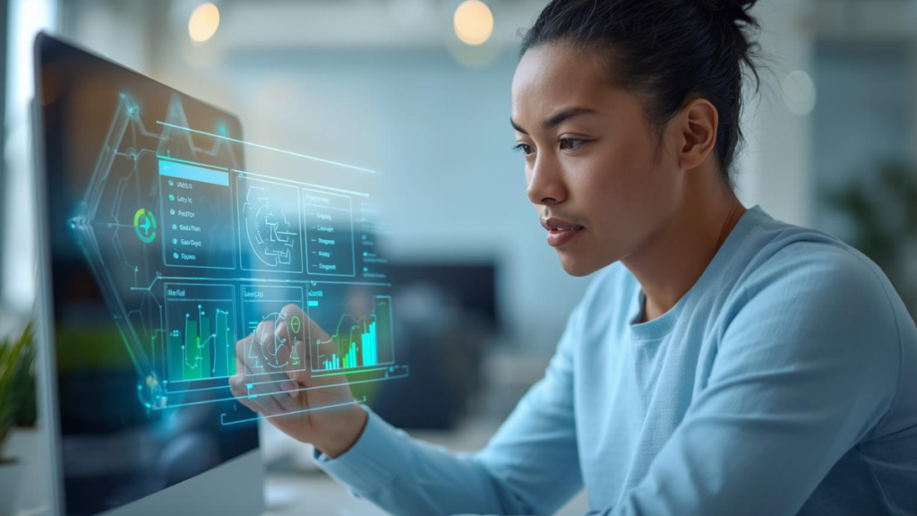 Small business owner using AI tools on a laptop for daily operations.