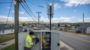 technician working on a street-side fiber cabinet